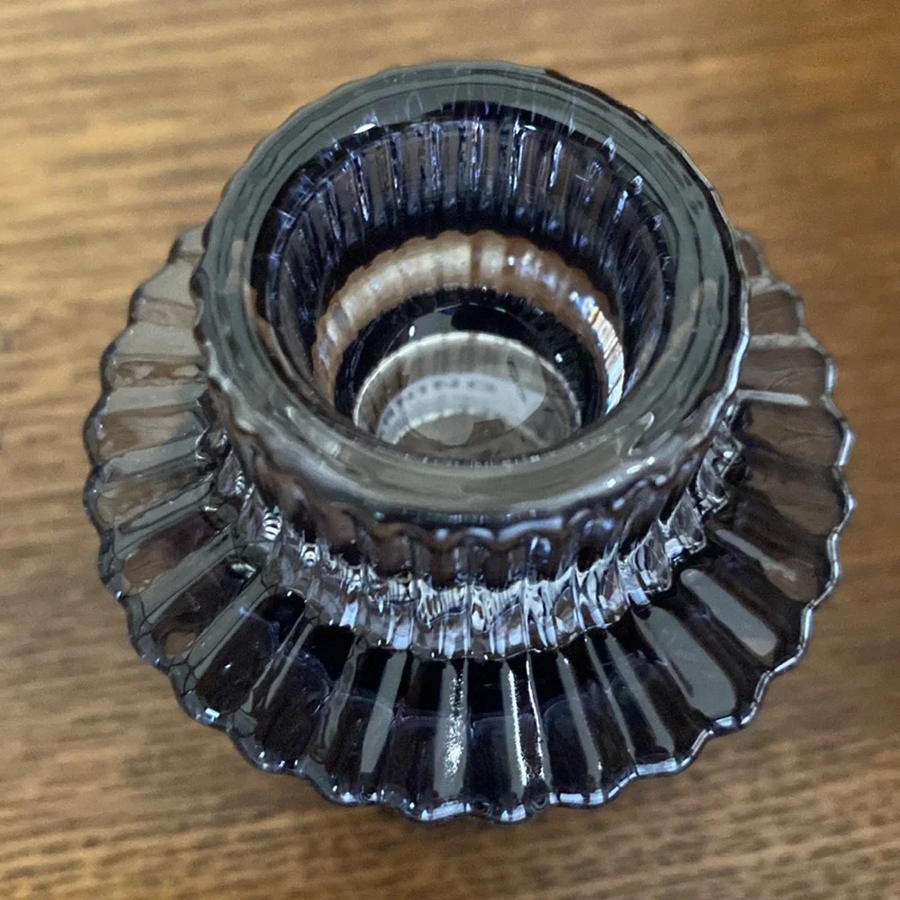 Three Ribbed Grey Glass Taper Candle Holders - Picture 3 of 4